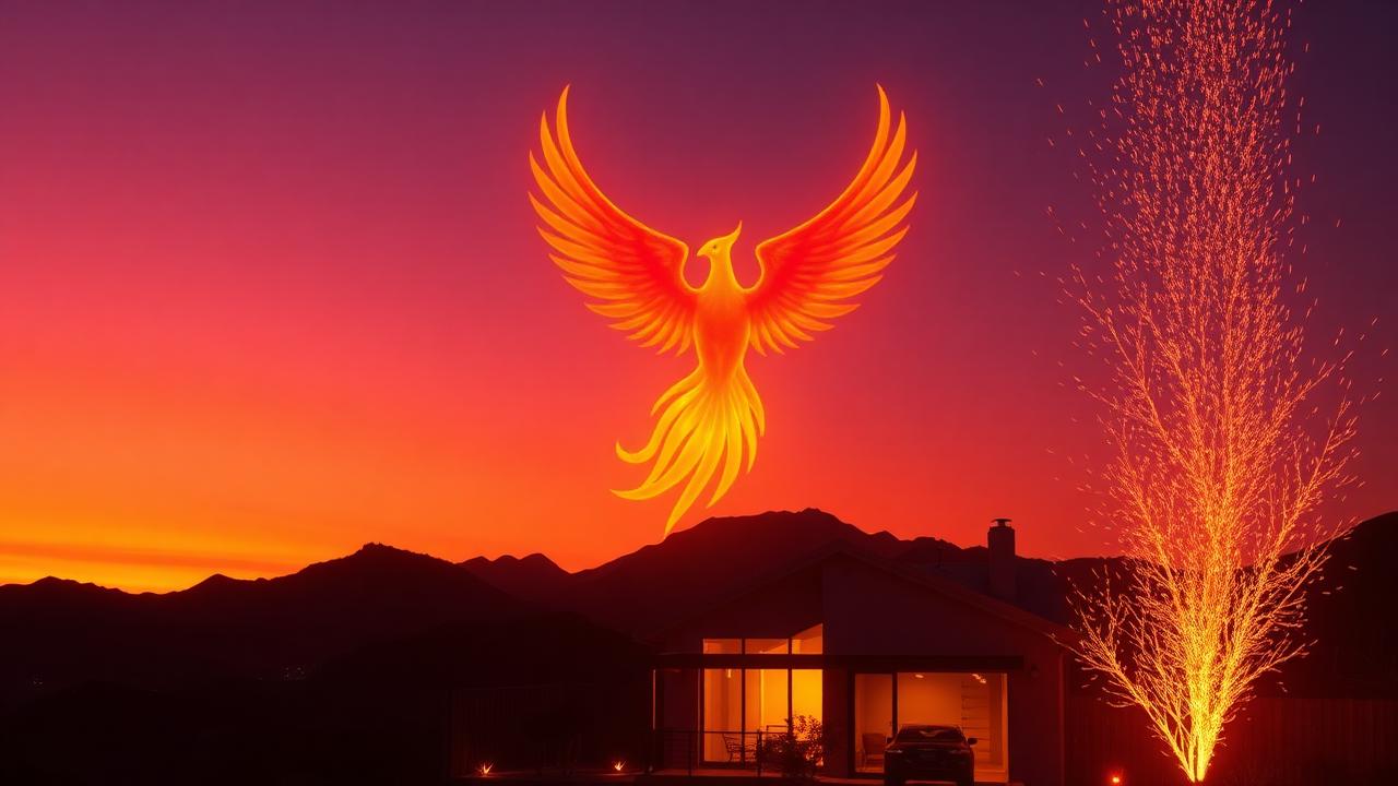 Phoenix immersive world preview — a fiery phoenix rising above a resilient Los Angeles home at dusk
